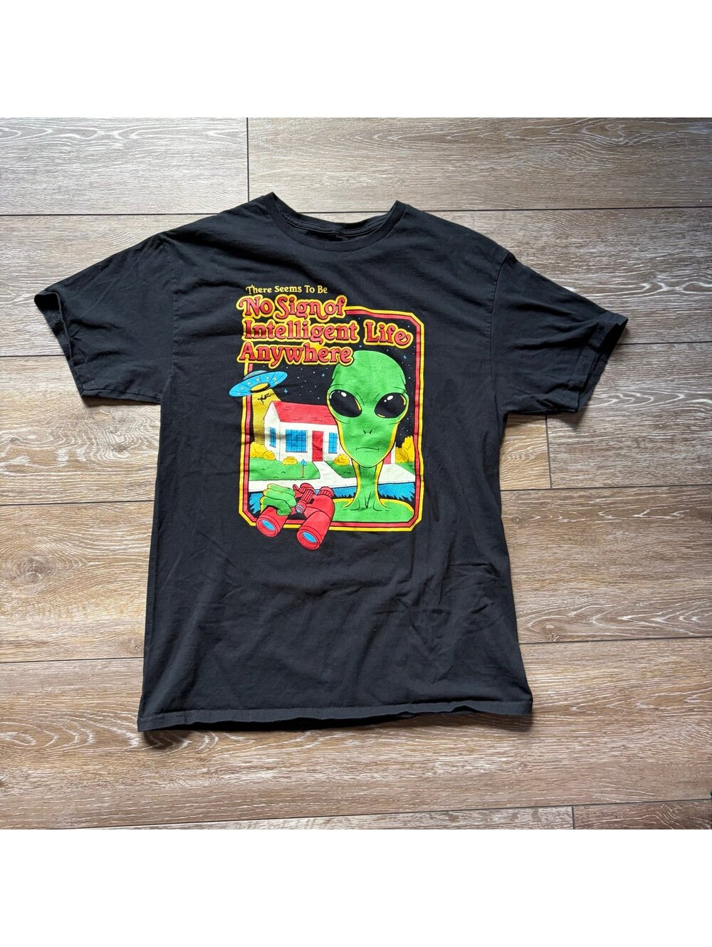 DOM Men Black Alien Graphic Print Short Sleeve T-shirt